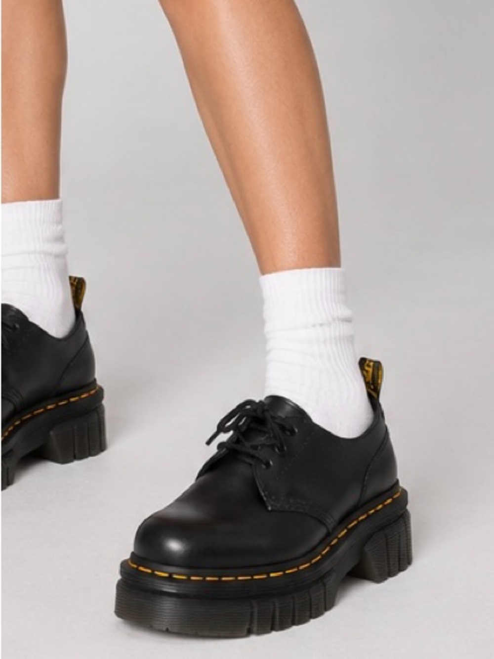 Dr. Martens Black Leather Lace-Up Shoes with Yellow Stitching